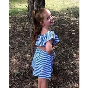 MAINESAKA Toddler Girl Stripe Off-Shoulder Tube Top + Pant Set Outfit (Blue(Skirt Set), 6-12Months)