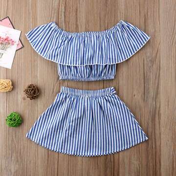 MAINESAKA Toddler Girl Stripe Off-Shoulder Tube Top + Pant Set Outfit (Blue(Skirt Set), 6-12Months)