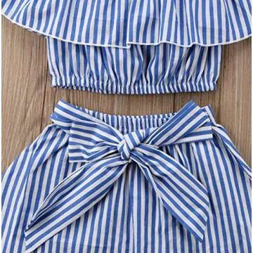 MAINESAKA Toddler Girl Stripe Off-Shoulder Tube Top + Pant Set Outfit (Blue(Skirt Set), 6-12Months)