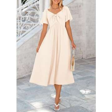 PRETTYGARDEN Summer Dress for Women 2025 Casual Short Sleeve Bow Tie V Neck Ruffle Midi Flowy Dresses (Beige,Medium)