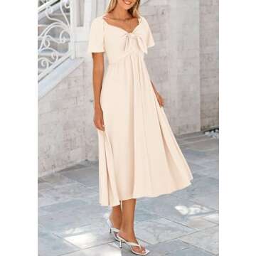 PRETTYGARDEN Summer Dress for Women 2025 Casual Short Sleeve Bow Tie V Neck Ruffle Midi Flowy Dresses (Beige,Medium)