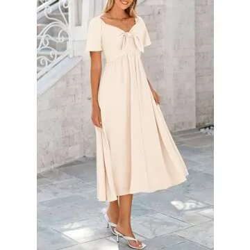 PRETTYGARDEN Summer Dress for Women 2025 Casual Short Sleeve Bow Tie V Neck Ruffle Midi Flowy Dresses (Beige,Medium)