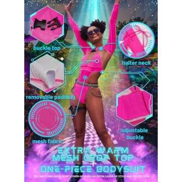 Rave Outfits for Womens - EDC Festival Neon Bodysuit Long Swimsuits Mesh Buckle Shrug Crop Top Club ...