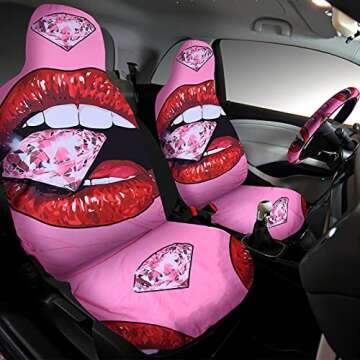 20 Pieces Red Lip Car Accessories Set Sparking Diamond Car Seat Cover Steering Wheel Cover Seat Belt...