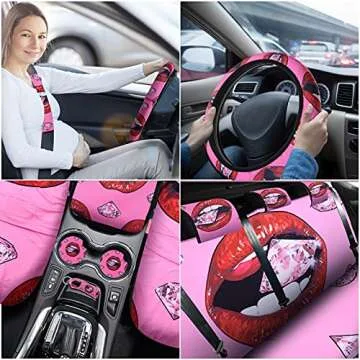20 Pieces Red Lip Car Accessories Set Sparking Diamond Car Seat Cover Steering Wheel Cover Seat Belt Cover Center Console Armrest Pad Car Holder Keychain Vent Decor (Red)