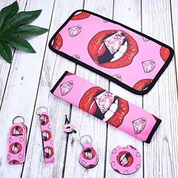 20 Pieces Red Lip Car Accessories Set Sparking Diamond Car Seat Cover Steering Wheel Cover Seat Belt Cover Center Console Armrest Pad Car Holder Keychain Vent Decor (Red)