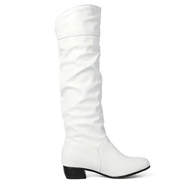 Sungtin Women's White Faux Leather Knee High Flat Slouch Boots 8 M US