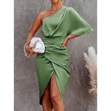 CUPSHE Women Satin Dress Backless One Shoulder Short Sleeves Midi High Low Hem Zipper Cocktail Party Dress Sage Green, L