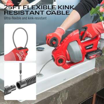POPULO 20V Electric Cordless Drain Auger – 25Ft Auto-Feed Plumbing Snake with 2.0Ah Battery & Charger,Drain Snake Clog Remover for Bathroom, Sink, Shower, Sewer Pipes (3/4"-2")