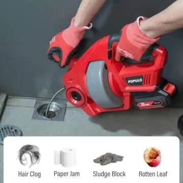 POPULO 20V Electric Cordless Drain Auger – 25Ft Auto-Feed Plumbing Snake with 2.0Ah Battery & Charger,Drain Snake Clog Remover for Bathroom, Sink, Shower, Sewer Pipes (3/4"-2")
