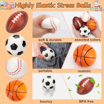 Thremhoo 16 PCS Stress Balls Foam Bouncy Balls for Kids Pinata Filler Goodie Bag Stuffers Easter Gifts Basketball Football Party Favor for 4-8 8-12 Treasure Box Toddler Bulk Toys Classroom Prizes