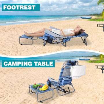 WKFAMOUT Backpack Folding Beach Chairs Set of 2 for Adults Heavy Duty 350Ibs with Camping Table Portable Lay Flat Beach Chair 5-Position Adjustable with Cooler Bag and Cup Holder