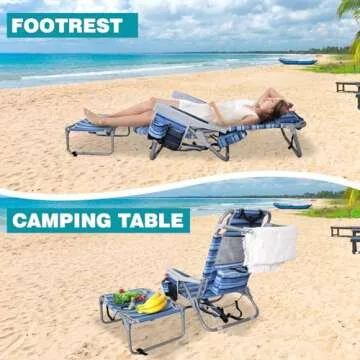 WKFAMOUT Backpack Folding Beach Chairs Set of 2 for Adults Heavy Duty 350Ibs with Camping Table Portable Lay Flat Beach Chair 5-Position Adjustable with Cooler Bag and Cup Holder