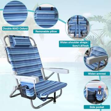 WKFAMOUT Backpack Folding Beach Chairs Set of 2 for Adults Heavy Duty 350Ibs with Camping Table Portable Lay Flat Beach Chair 5-Position Adjustable with Cooler Bag and Cup Holder