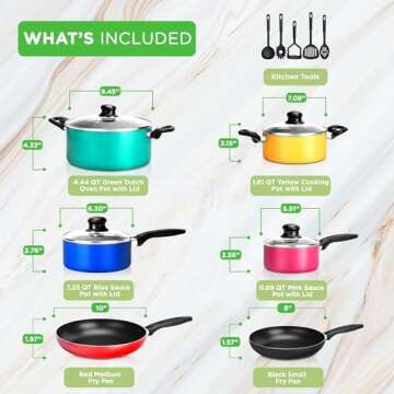 NutriChef 15-Piece Non Stick Kitchen Cookware Set PFOA/PFOS-Free, Colorful Heat Resistant Lacquer w/...