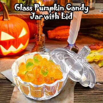 IEUDNS Glass Candy Jar Halloween Pumpkin Jar Trinket Organizer Clear Cookie Storage Jar with Lid Candy Bowl for Table Centerpieces