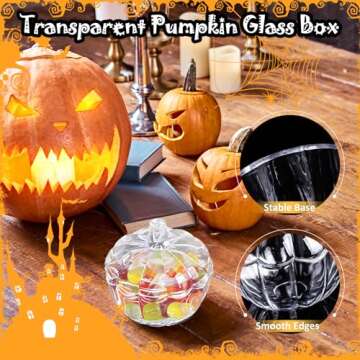 IEUDNS Glass Candy Jar Halloween Pumpkin Jar Trinket Organizer Clear Cookie Storage Jar with Lid Candy Bowl for Table Centerpieces