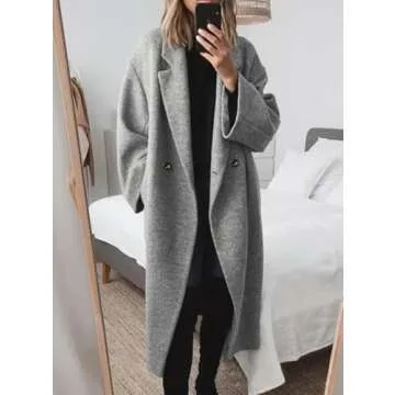 Chouyatou Winter Double Breasted Wool Coat for Women - Grey, Long Sleeve, Stylish