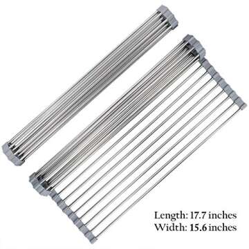 Hhyn Roll Up Dish Drying Rack Over The Sink 17.7"(L) x 15.6"(W), Multipurpose Foldable Stainless Steel Kitchen Rollable Drainer Rack, Gray