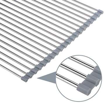 Hhyn Roll Up Dish Drying Rack Over The Sink 17.7"(L) x 15.6"(W), Multipurpose Foldable Stainless Steel Kitchen Rollable Drainer Rack, Gray