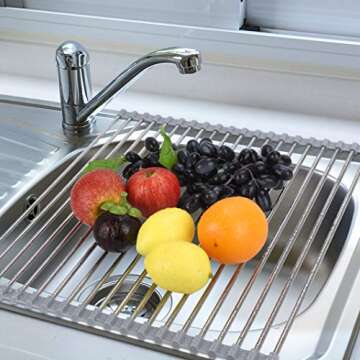 Hhyn Roll Up Dish Drying Rack Over The Sink 17.7"(L) x 15.6"(W), Multipurpose Foldable Stainless Steel Kitchen Rollable Drainer Rack, Gray