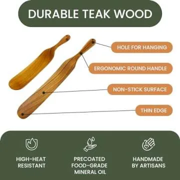 Teak Wood Skinny Spurtle (9" & 12", Set of 2) | Wooden Spatula Spoon for Stirring Sourdough & Cooking | Non Stick & Non Scratch