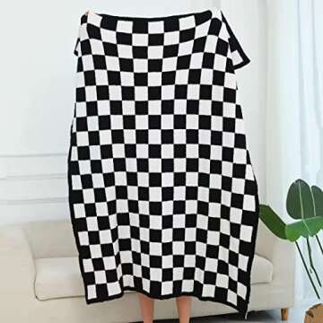 Ultra Soft Checkered Blanket Cozy Buffalo Check Throw Fluffy Knitted Reversible Throw Blanket Lightweight Fleece Checkerboard Grid Blanket for Sofa Couch Bed Travel, Classic Black, 51''x63''