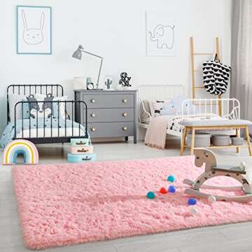 Ompaa Soft Fluffy Area Rug for Living Room Bedroom, 5x8 Pink Plush Shag Rugs, Fuzzy Shaggy Accent Carpets for Kids Girls Rooms, Modern Apartment Nursery Dorm Indoor Furry Decor