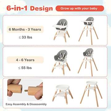 HONEY JOY Baby High Chair, 6 In 1 Convertible Wooden Highchair for Babies and Toddlers/Toddler Chair...