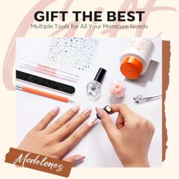 modelones Complete Nail Polish Set Brown Nude Pink Pearl White Glitter Shimmer Quick Dry Nail Lacquer Kit with Nail Remover Sticker Base&Top Coat, 6 Colors DIY Home Manicure Gift for Women Girls