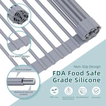 Ohuhu Over Sink Dish Drying Rack, Silicone Wrapped 17.6" W x 15.4" L Large Over The Sink Roll Up Dish Drainer - Foldable Sink Drying Rack Rolling Drain Mats Anti-Slip Multipurpose for Kitchen Counter