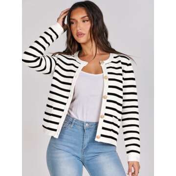 ANRABESS Women Striped Cardigan Sweaters Button Down Cropped Knit Lady Jackets Coat 2024 Fall Outfits Trendy Clothes White and Black Large