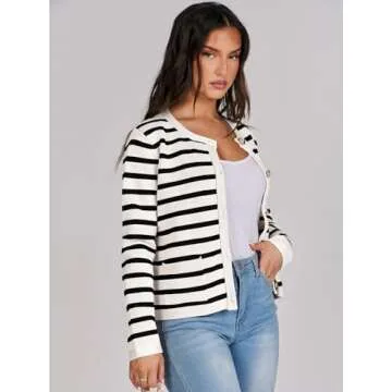 ANRABESS Women Striped Cardigan Sweaters Button Down Cropped Knit Lady Jackets Coat 2024 Fall Outfits Trendy Clothes White and Black Large