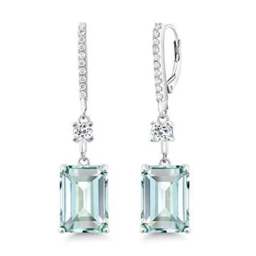 Gem Stone King 925 Sterling Silver Sky Blue Simulated Aquamarine Earrings | Gemstone Birthstone | Drop Dangle Earrings For Women | 14.24 Cttw | Emerald Cut 14X10MM