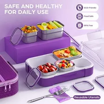 Lunch Boxes Stainless Steel Bento Box with Insulated Lunch Bag & Fork, Leakproof Metal Lunchbox Set ...