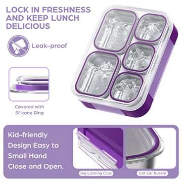 Lunch Boxes Stainless Steel Bento Box with Insulated Lunch Bag & Fork, Leakproof Metal Lunchbox Set for Adults Kids Bento-Style 5 Compartments Snack Containers, BPA-Free, Dishwasher Safe (Purple)