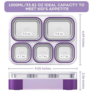 Lunch Boxes Stainless Steel Bento Box with Insulated Lunch Bag & Fork, Leakproof Metal Lunchbox Set for Adults Kids Bento-Style 5 Compartments Snack Containers, BPA-Free, Dishwasher Safe (Purple)