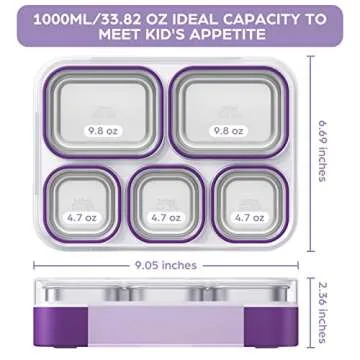 Lunch Boxes Stainless Steel Bento Box with Insulated Lunch Bag & Fork, Leakproof Metal Lunchbox Set for Adults Kids Bento-Style 5 Compartments Snack Containers, BPA-Free, Dishwasher Safe (Purple)