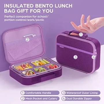 Lunch Boxes Stainless Steel Bento Box with Insulated Lunch Bag & Fork, Leakproof Metal Lunchbox Set for Adults Kids Bento-Style 5 Compartments Snack Containers, BPA-Free, Dishwasher Safe (Purple)