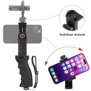 Ergonomic Anti-Falling Cell Phone Vlogging Hand Grip Stabilizer Smartphone Holder Rig Mount Video Kit w/Safety Strap Portable Selfie Stick for iPhone Samsung (Landscape+Portrait)-Mic/Light Adapter