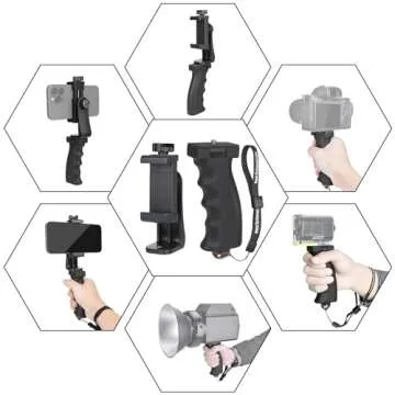 Ergonomic Anti-Falling Cell Phone Vlogging Hand Grip Stabilizer Smartphone Holder Rig Mount Video Kit w/Safety Strap Portable Selfie Stick for iPhone Samsung (Landscape+Portrait)-Mic/Light Adapter