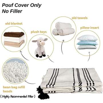 blue page Unstuffed Ottoman Pouf Cover 18x18x16, Square Striped Morocco Tufted Boho Foot Rest with Big Tassels, Decorative Stool for Bedroom or Living Room, Black and Cream