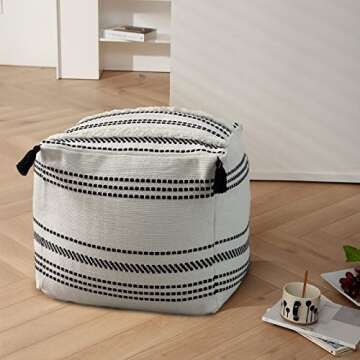 blue page Unstuffed Ottoman Pouf Cover 18x18x16, Square Striped Morocco Tufted Boho Foot Rest with Big Tassels, Decorative Stool for Bedroom or Living Room, Black and Cream