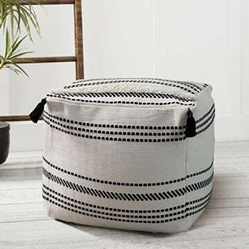 blue page Unstuffed Ottoman Pouf Cover 18x18x16, Square Striped Morocco Tufted Boho Foot Rest with Big Tassels, Decorative Stool for Bedroom or Living Room, Black and Cream