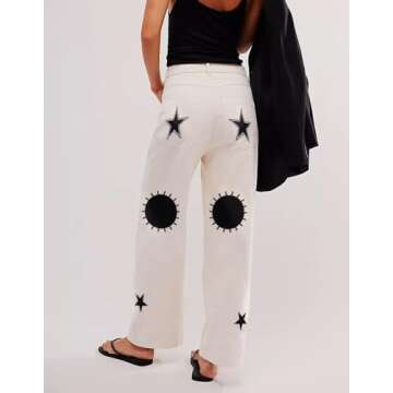 Kedera Women's Causal Star Embroidered Denim Pants Vintage Boyfriend Barrel Jeans Wide Leg Baggy Pan...