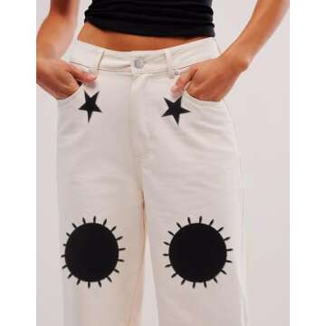 Kedera Women's Causal Star Embroidered Denim Pants Vintage Boyfriend Barrel Jeans Wide Leg Baggy Pants Y2k Beige