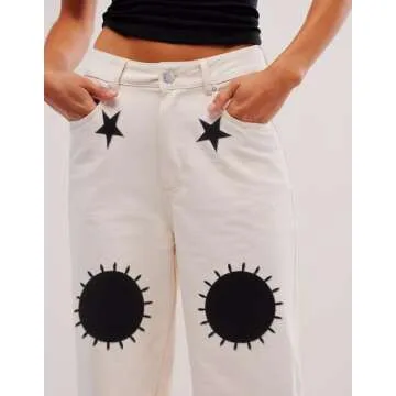 Kedera Women's Causal Star Embroidered Denim Pants Vintage Boyfriend Barrel Jeans Wide Leg Baggy Pants Y2k Beige