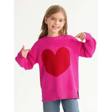 Haloumoning Girls Oversized Heart Sweater Kids Valentines Day Batwing Sleeve Side Slit Knit Pullover Sweaters Hot Pink