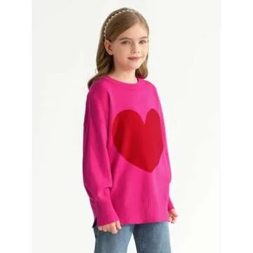 Haloumoning Girls Oversized Heart Sweater Kids Valentines Day Batwing Sleeve Side Slit Knit Pullover Sweaters Hot Pink