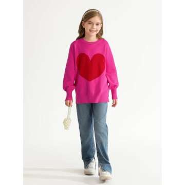 Haloumoning Girls Oversized Heart Sweater Kids Valentines Day Batwing Sleeve Side Slit Knit Pullover Sweaters Hot Pink
